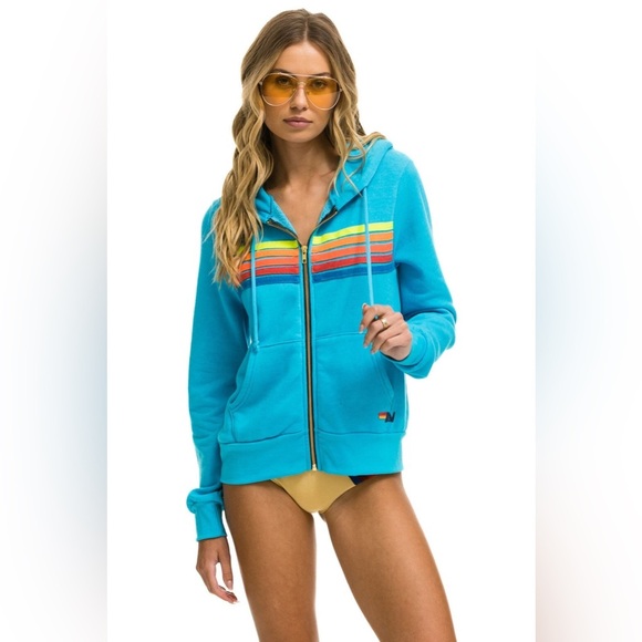 AVIATOR NATION 5 STRIPE HOODIE - NEON BLUE // NEON RAINBOW | EUC!!🩵🌈🩵🌈 - Picture 5 of 13